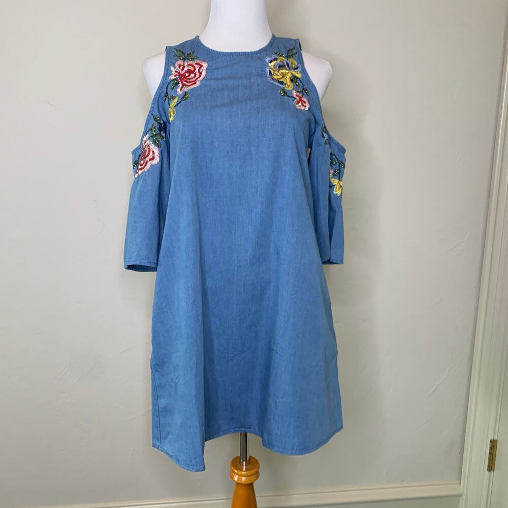 Zara Trafaluc Chambray Dress Cold Shoulder XS